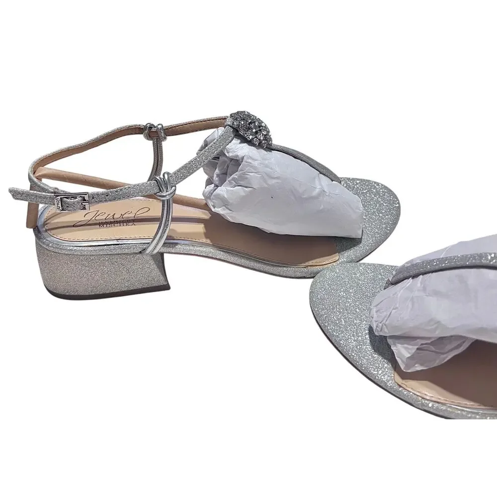 Jewel Badgley Mischka Lizette Silver Glitter Block Heel Sandals Size 9 NWOB